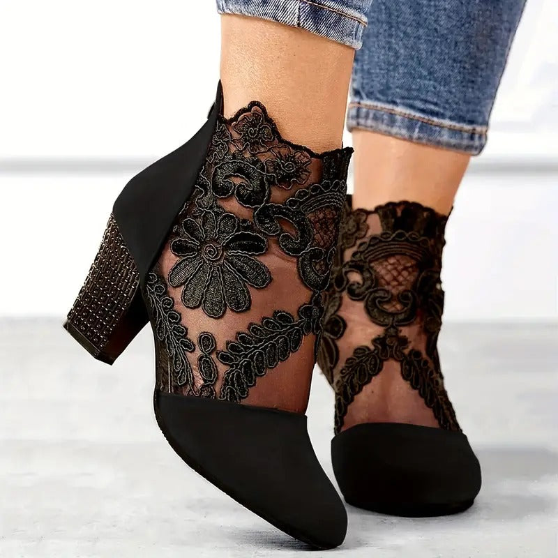 Lace Panel Block Heel Booties - Marisse