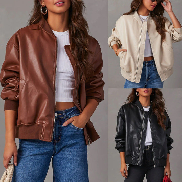 Women’s Faux Leather Bomber Jacket Ribbed Hem