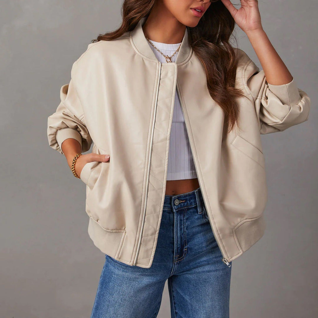 Women’s Faux Leather Bomber Jacket Ribbed Hem