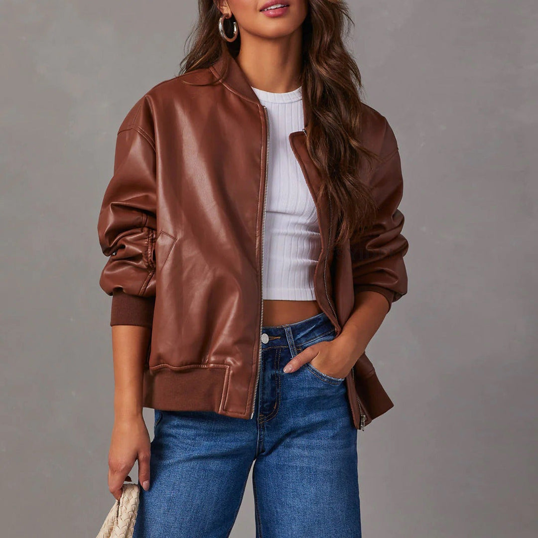 Women’s Faux Leather Bomber Jacket Ribbed Hem