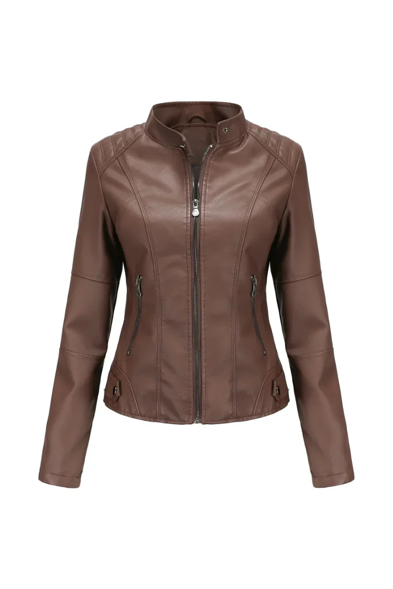 Women’s Faux Leather Moto Jacket Stand Collar