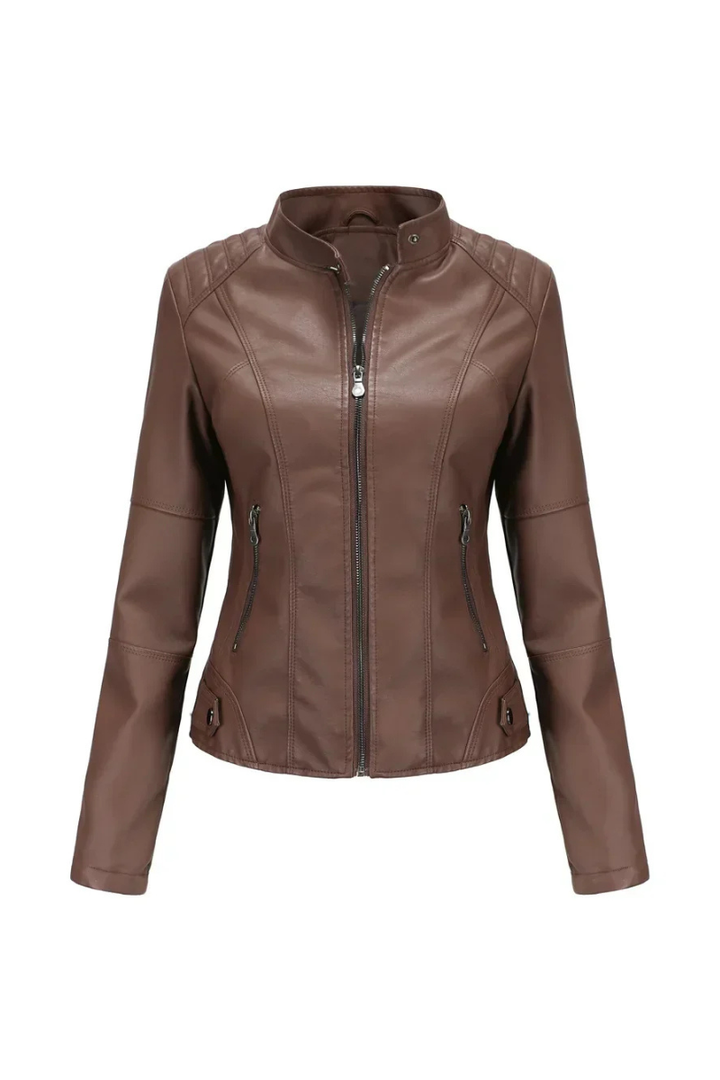 Women’s Faux Leather Moto Jacket Stand Collar
