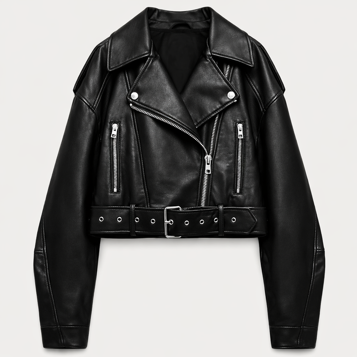 Women Vegan Leather Cropped Biker Jacket with Belt