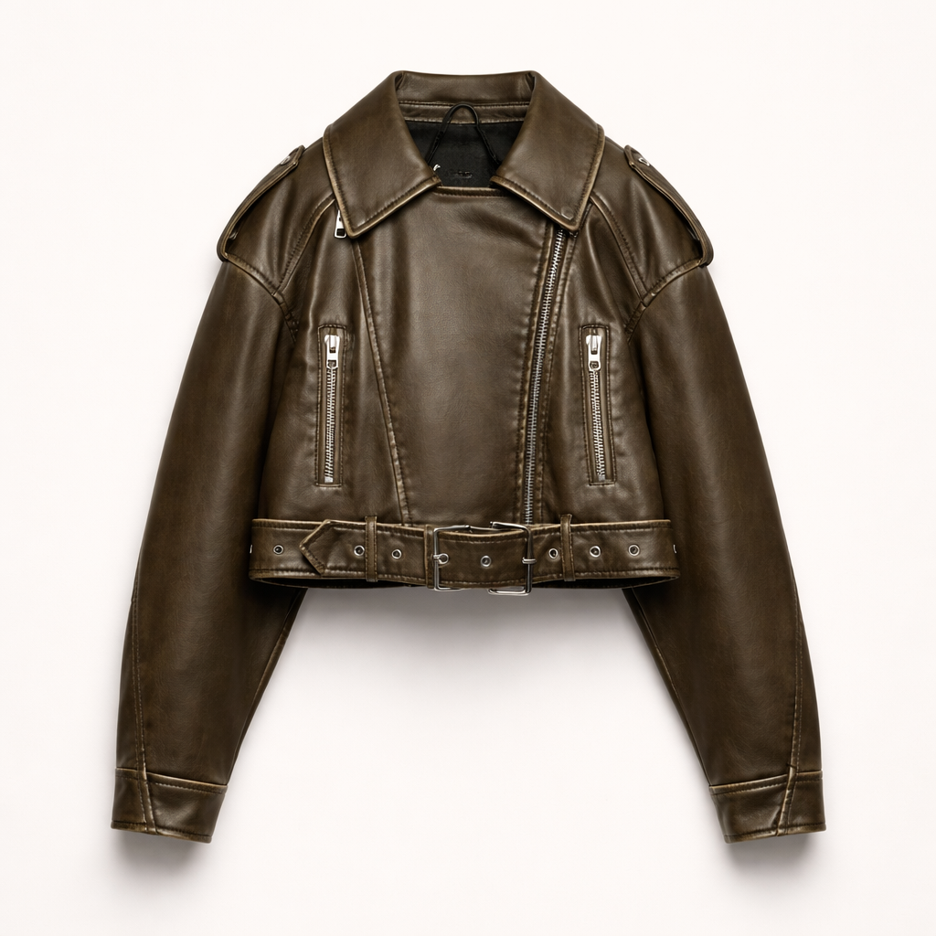 Women Vegan Leather Cropped Biker Jacket with Belt