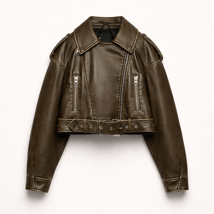 Women Vegan Leather Cropped Biker Jacket with Belt