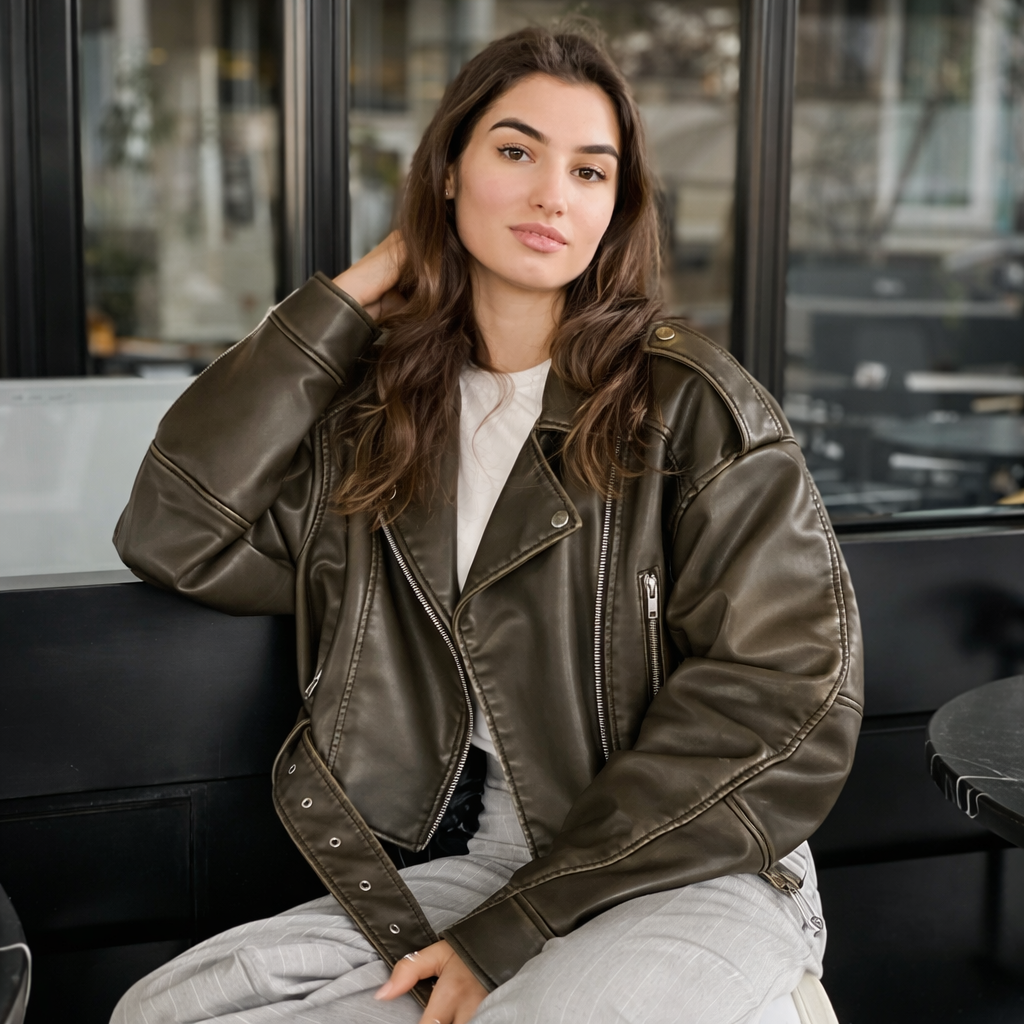 Women Vegan Leather Cropped Biker Jacket with Belt
