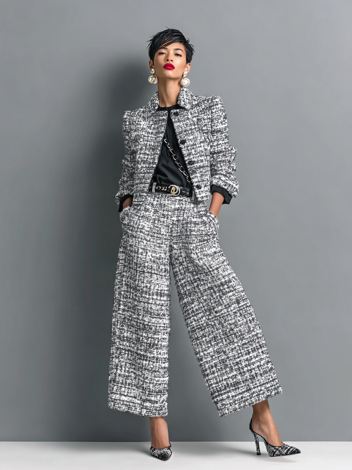 Women’s Textured Tweed Cropped Blazer Wide Leg Office Set