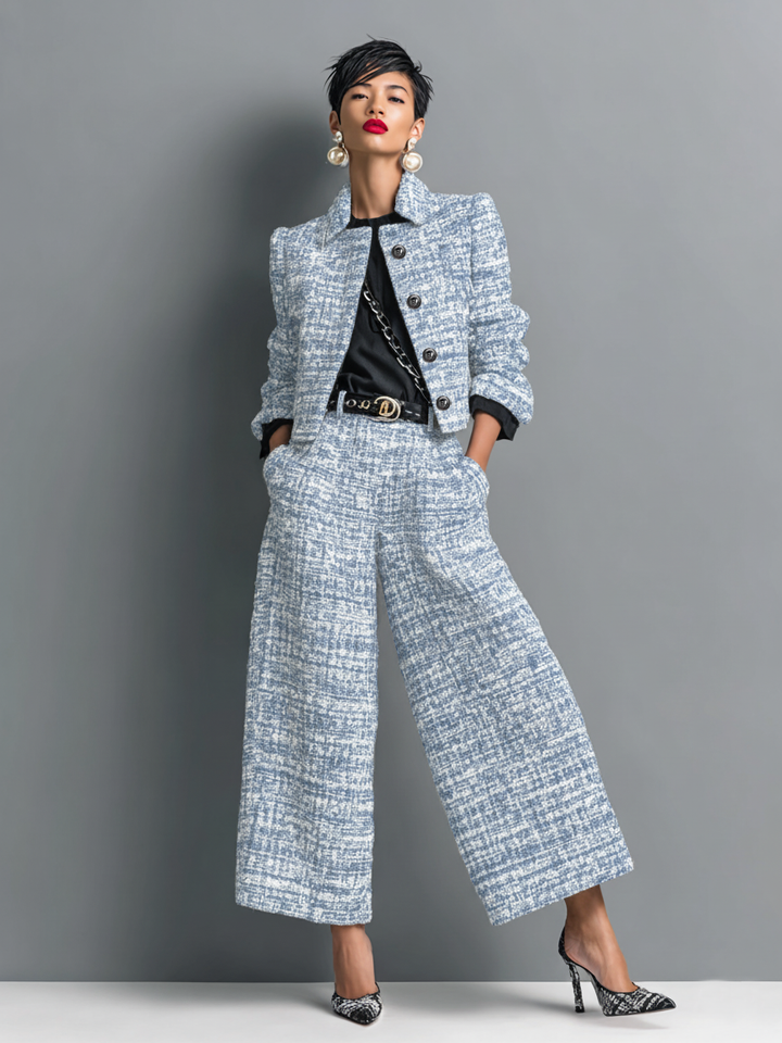 Women’s Textured Tweed Cropped Blazer Wide Leg Office Set