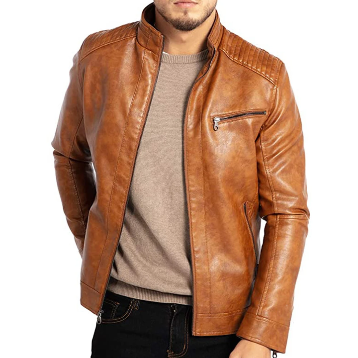Men’s Faux Leather Stand Collar Moto Biker Jacket