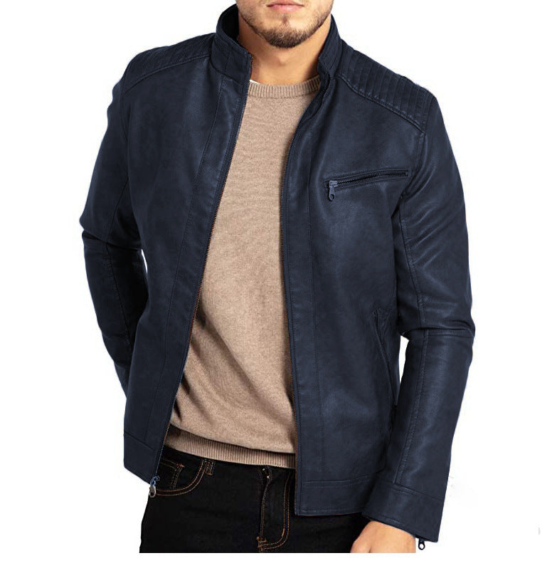 Men’s Faux Leather Stand Collar Moto Biker Jacket