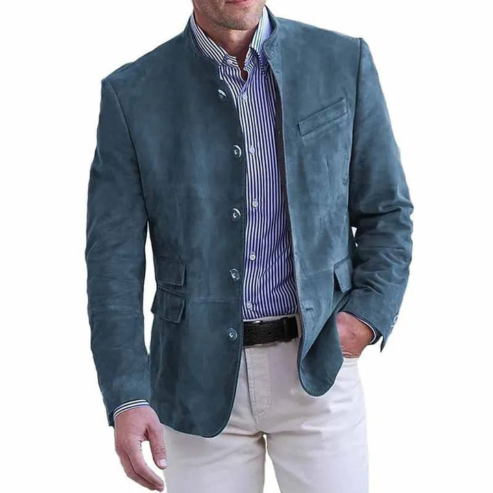 Men’s Faux Suede Stand Collar Button-Through Blazer Jacket