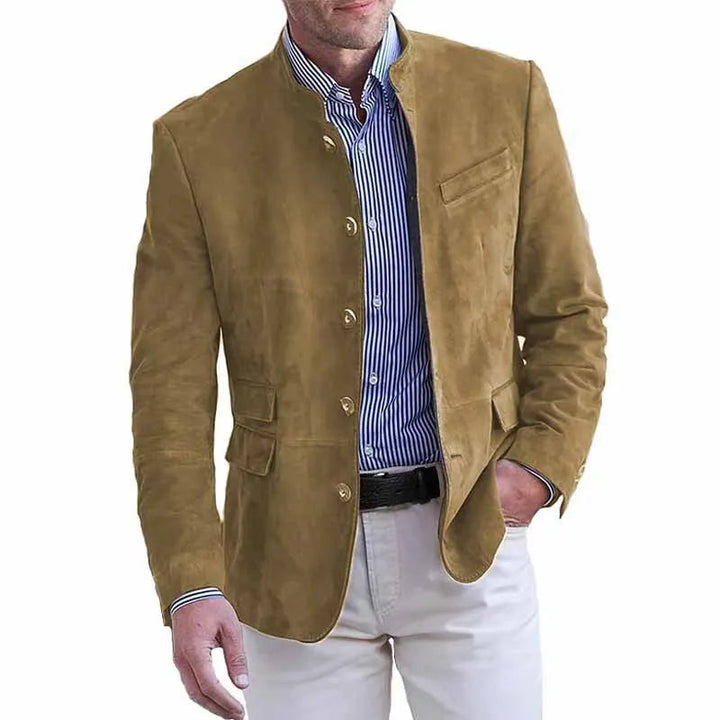 Men’s Faux Suede Stand Collar Button-Through Blazer Jacket