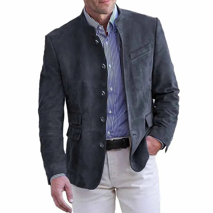 Men’s Faux Suede Stand Collar Button-Through Blazer Jacket