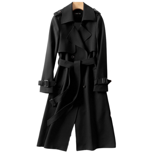 Astra Women's Double-Breasted Black Trench Coat in Premium Polyester and Spandex, Over the Knee Length 4