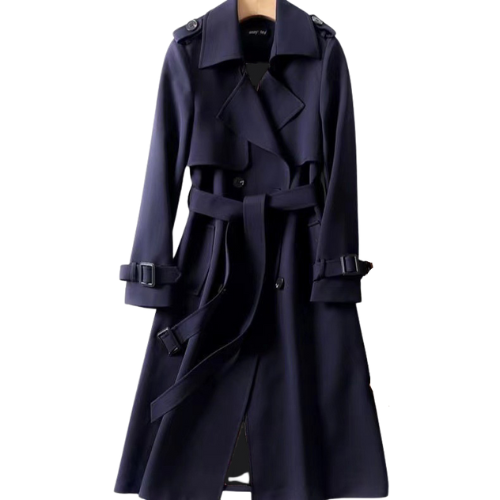 Astra Women's Double-Breasted Black Trench Coat in Premium Polyester and Spandex, Over the Knee Length 5