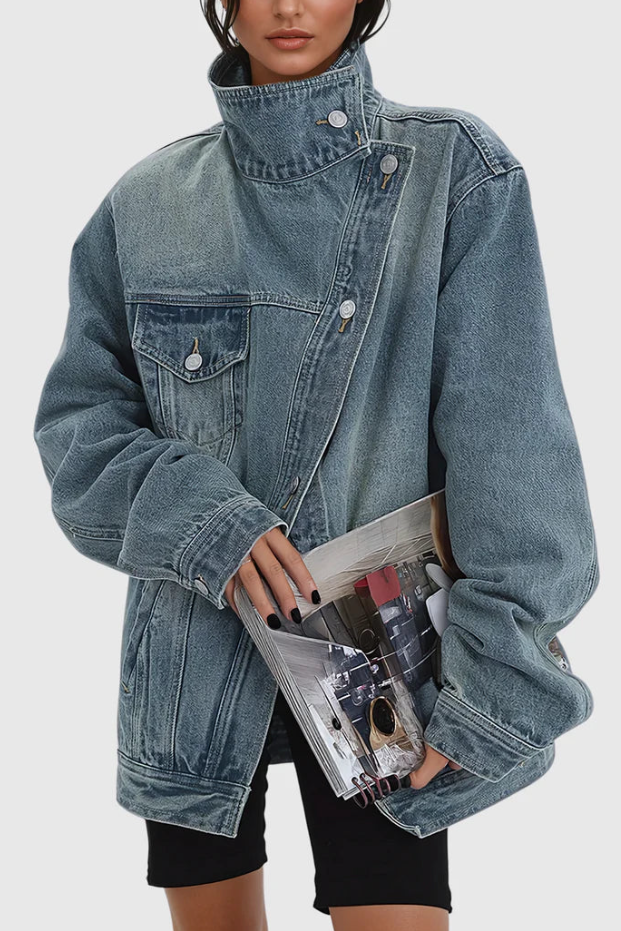 Women’s Oversized High Neck Asymmetric Zip Denim Jacket