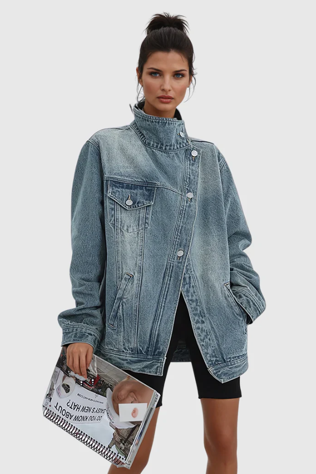 Women’s Oversized High Neck Asymmetric Zip Denim Jacket