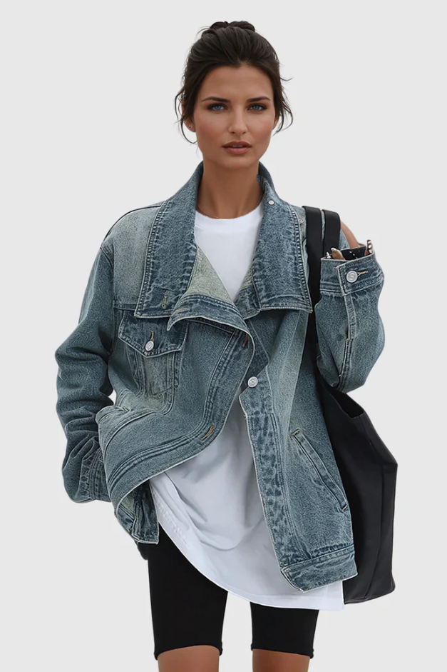 Women’s Oversized High Neck Asymmetric Zip Denim Jacket