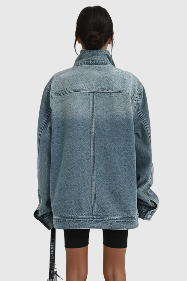 Women’s Oversized High Neck Asymmetric Zip Denim Jacket
