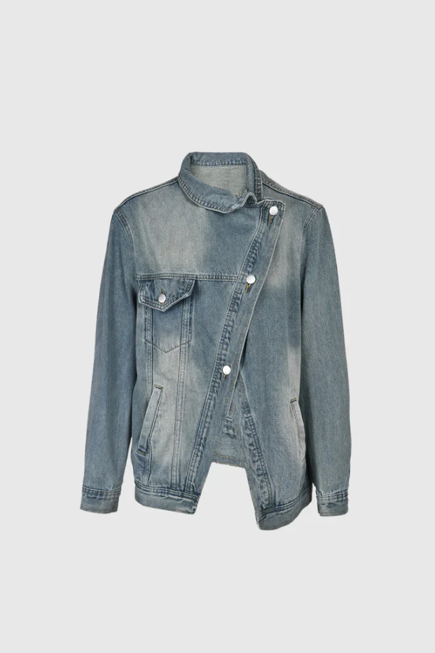 Women’s Oversized High Neck Asymmetric Zip Denim Jacket