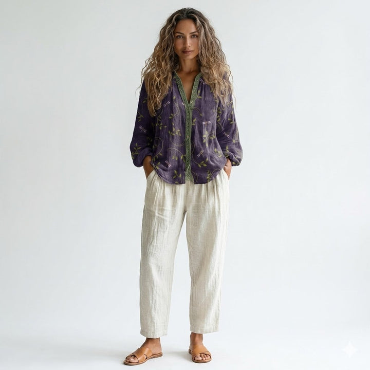 Oversized Linen Blouse with Artistic Print | Elise