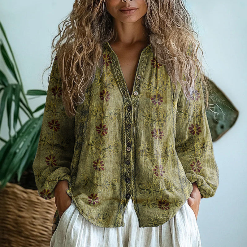 Oversized Linen Blouse with Artistic Print | Elise