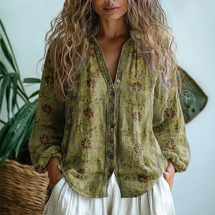 Oversized Linen Blouse with Artistic Print | Elise