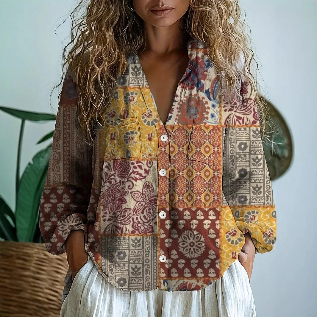 Oversized Linen Blouse with Artistic Print | Elise