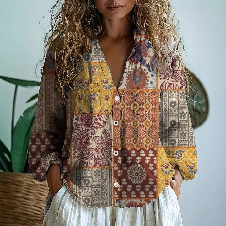 Oversized Linen Blouse with Artistic Print | Elise