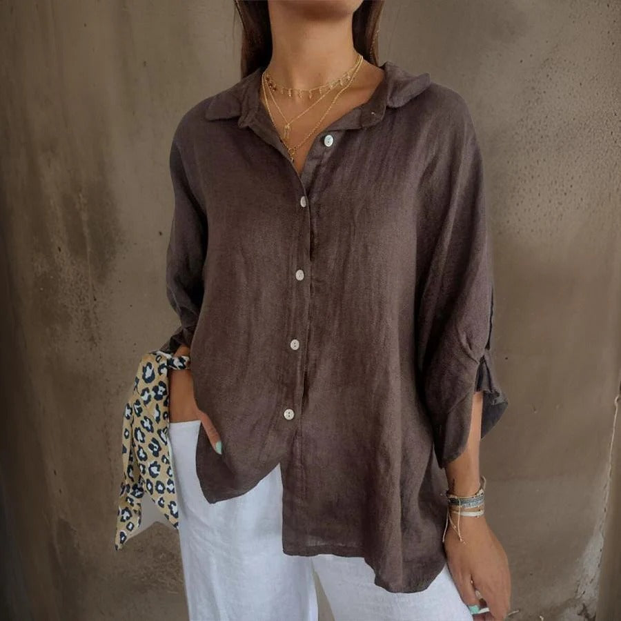 Oversized Linen Button-Down Shirt with Rolled Sleeves | Amelia