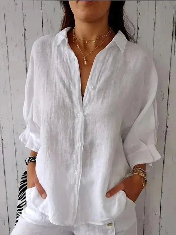 Oversized Linen Button-Down Shirt with Rolled Sleeves | Amelia