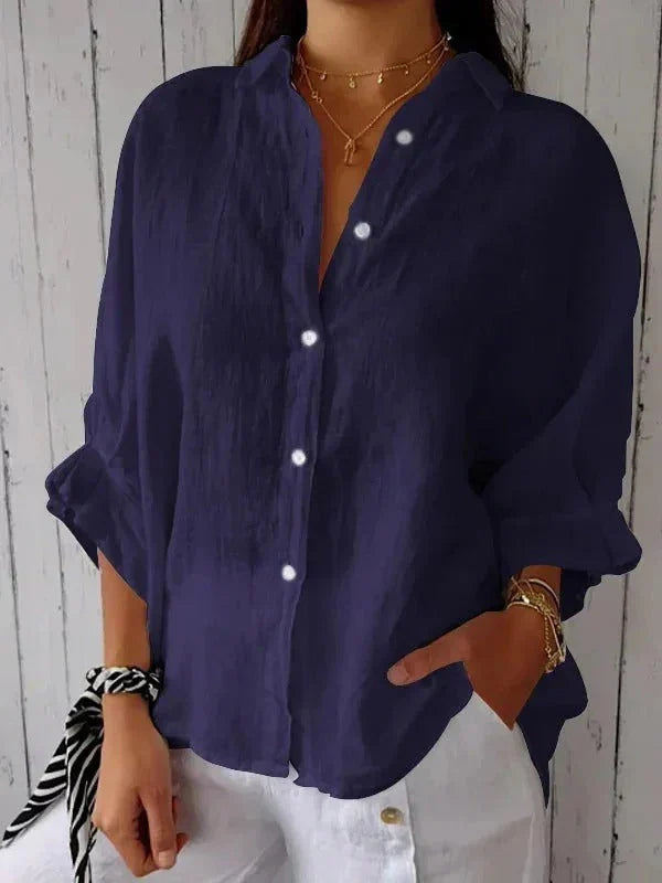 Oversized Linen Button-Down Shirt with Rolled Sleeves | Amelia