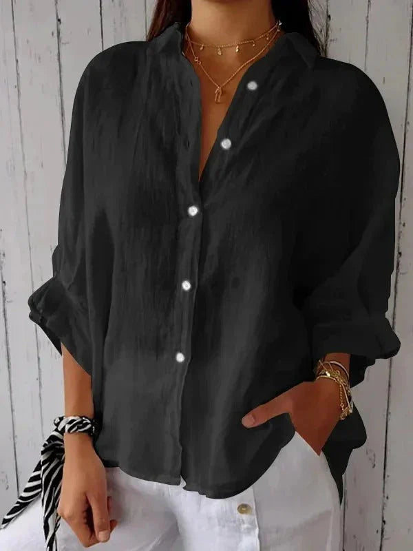 Oversized Linen Button-Down Shirt with Rolled Sleeves | Amelia