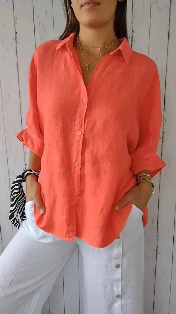Oversized Linen Button-Down Shirt with Rolled Sleeves | Amelia
