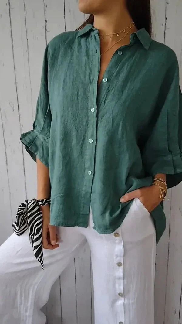 Oversized Linen Button-Down Shirt with Rolled Sleeves | Amelia