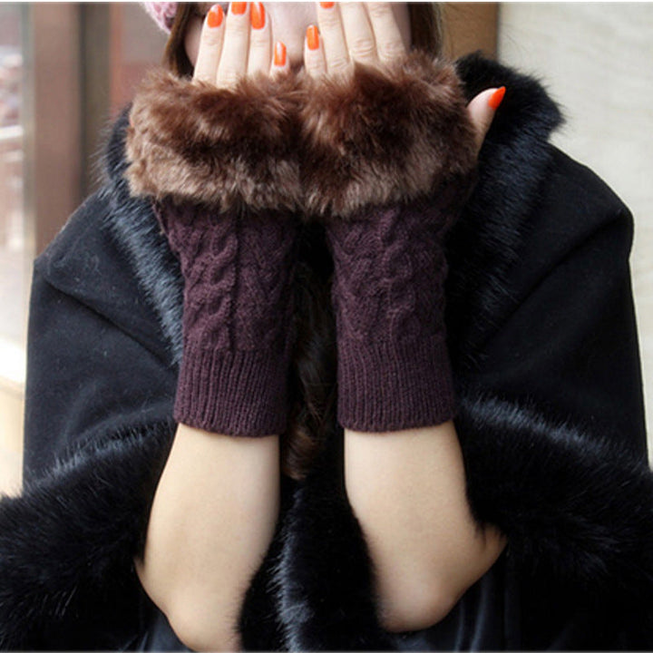 Women’s Cable Knit Faux Fur Trim Fingerless Mittens