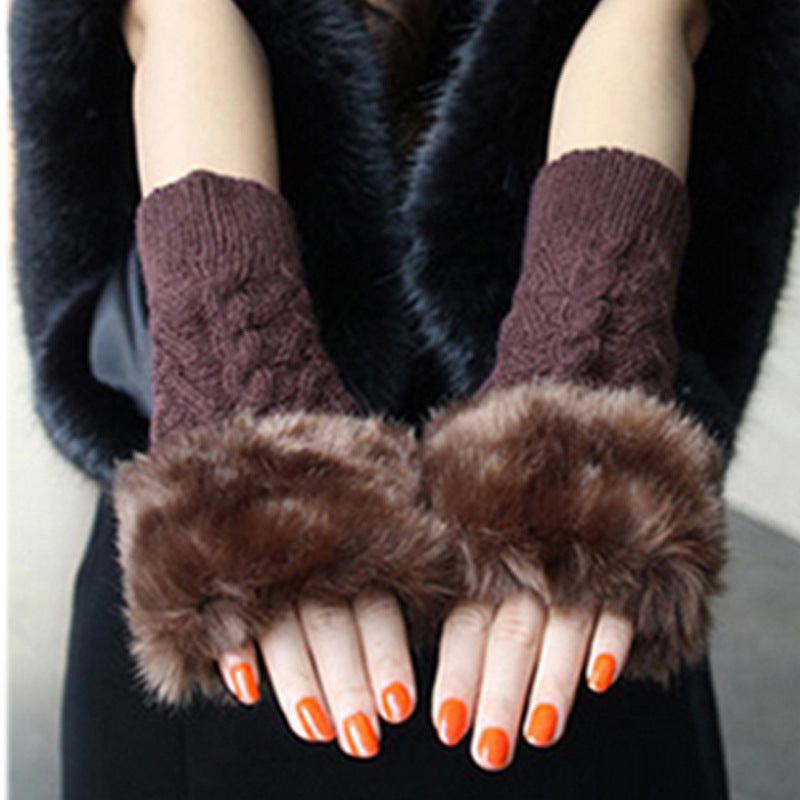 Women’s Cable Knit Faux Fur Trim Fingerless Mittens