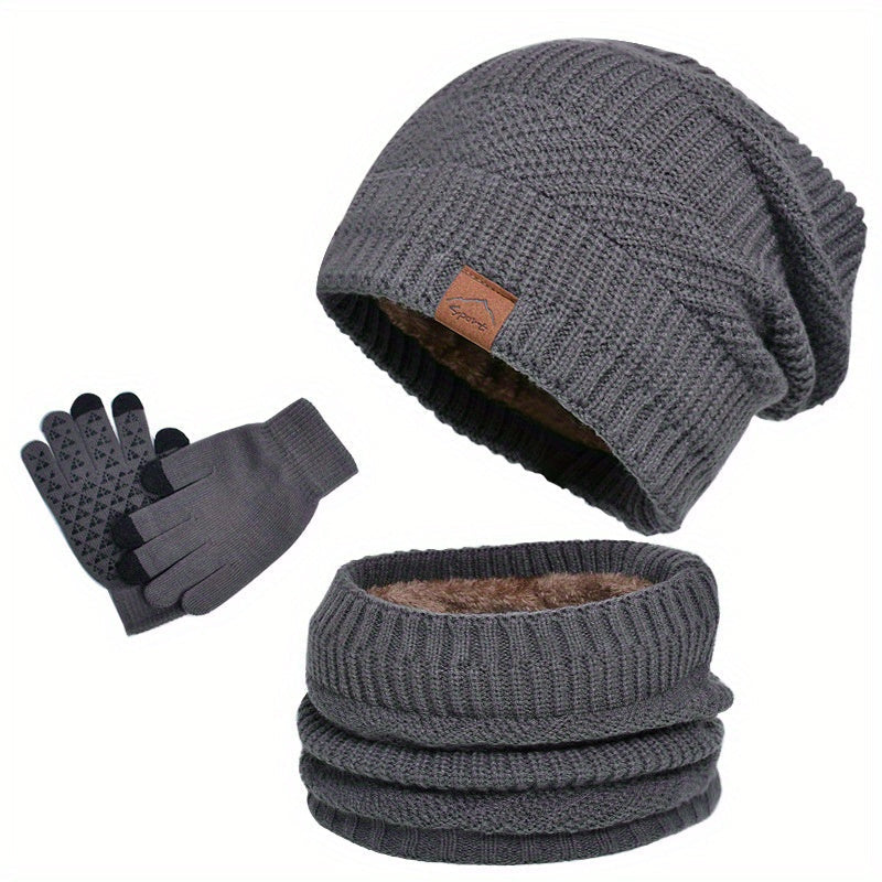 Men’s 3-Piece Thermal Knit Beanie, Scarf and Touchscreen Glove Set