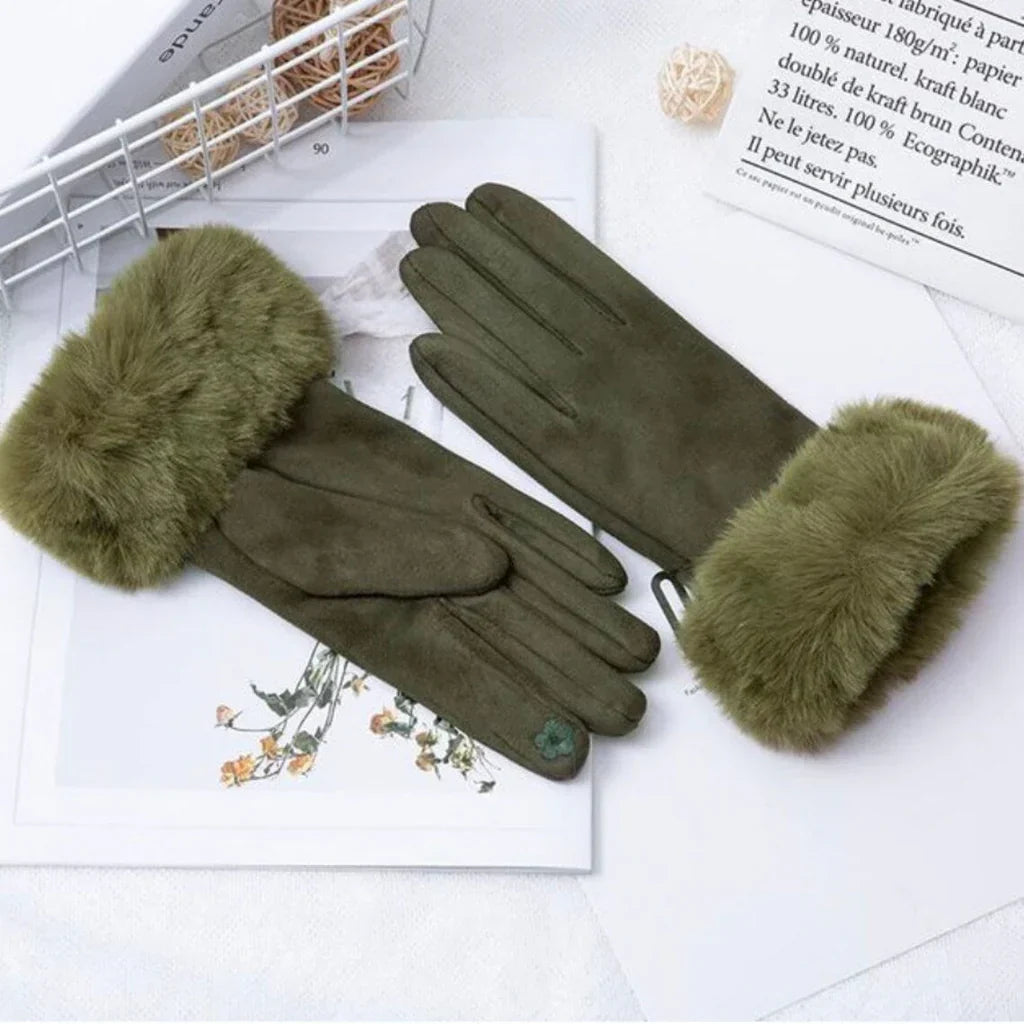 Women’s Faux Suede Faux Fur Cuff Touchscreen Winter Gloves