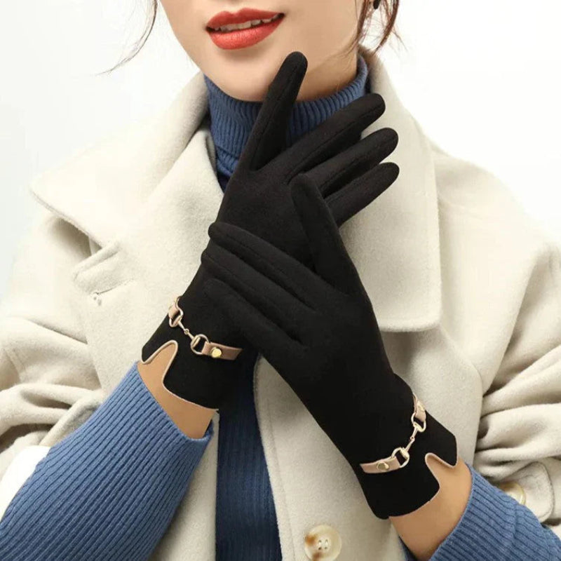 Women’s Suede-Texture Horsebit-Detail Winter Gloves