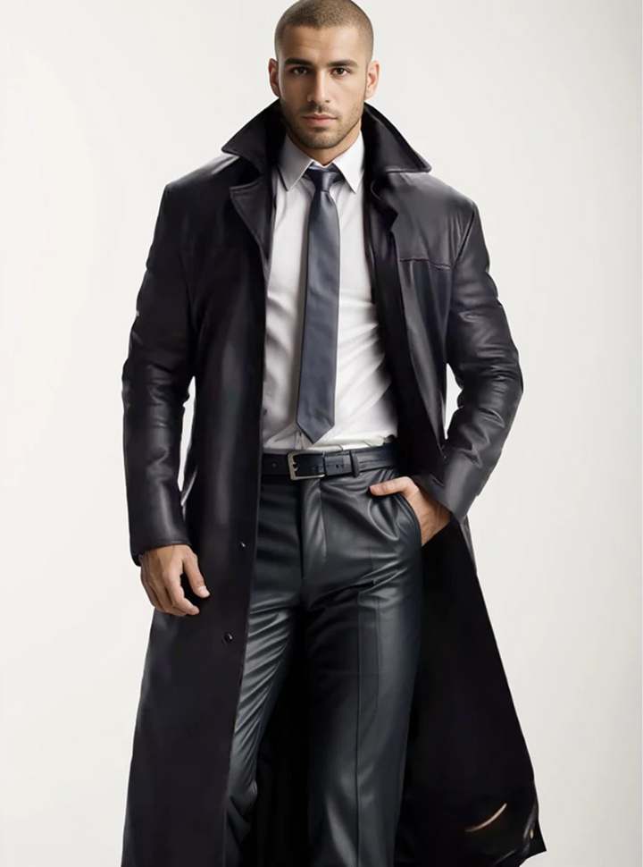 Men’s Faux Leather Longline Trench Coat