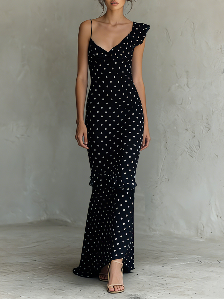 Chiffon One-Shoulder Maxi Dress with Polka Dot Print | Claire