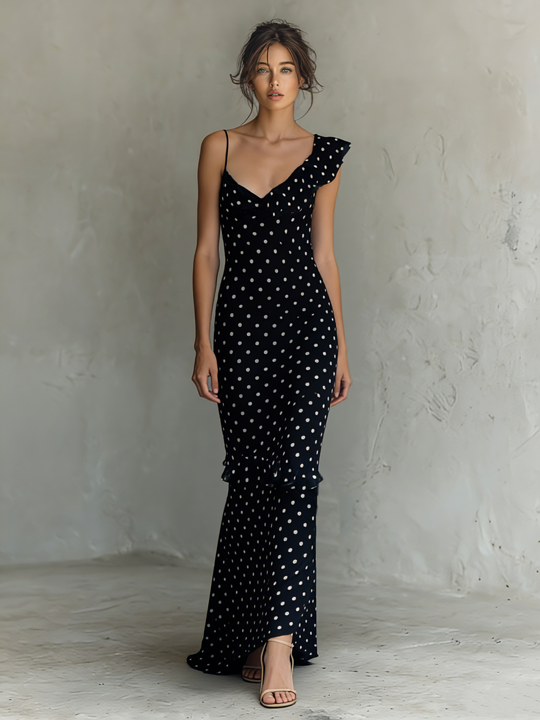 Chiffon One-Shoulder Maxi Dress with Polka Dot Print | Claire
