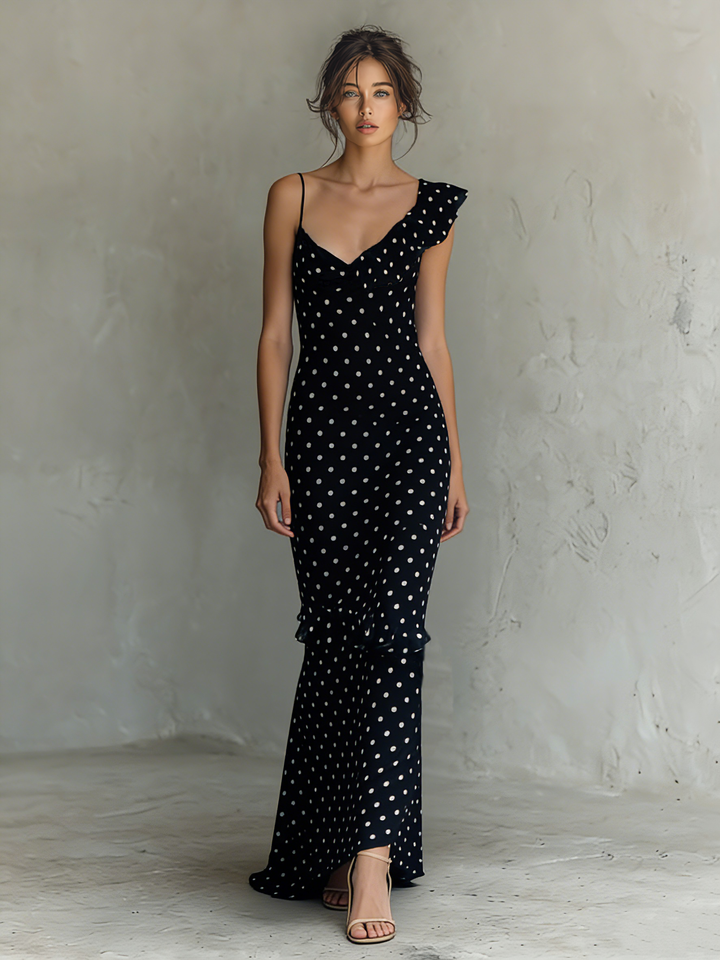 Chiffon One-Shoulder Maxi Dress with Polka Dot Print | Claire