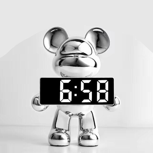 Digital Alarm Clock in Unique Bear Design with Chrome Finish - Modern Decor 0