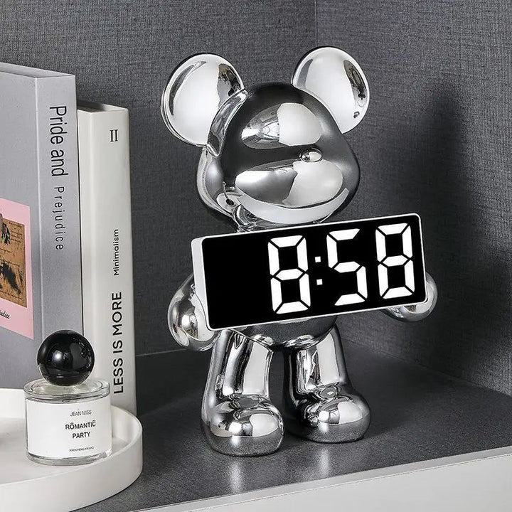 Digital Alarm Clock in Unique Bear Design with Chrome Finish - Modern Decor 1