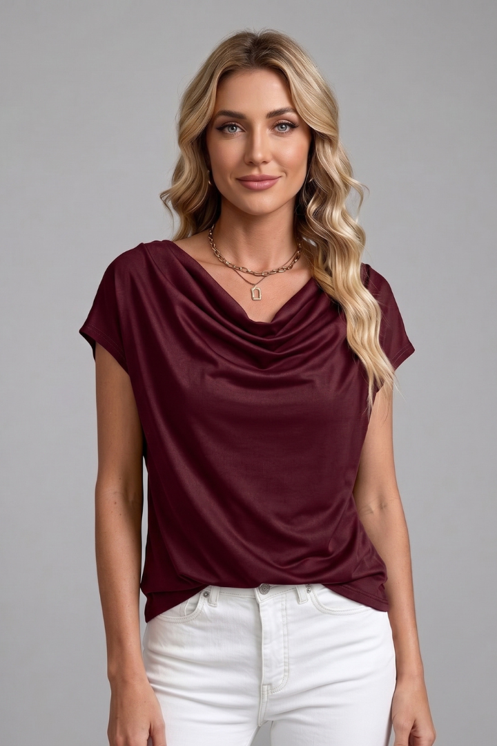 Short Sleeve Draped Blouse with Cowl Neck | Clara