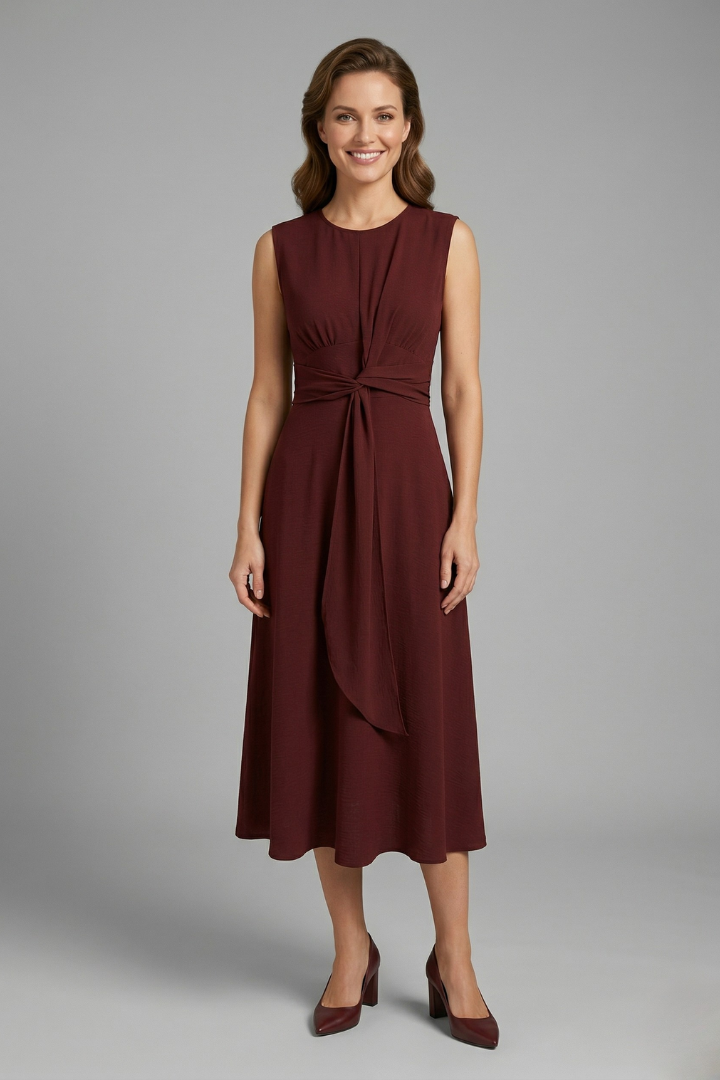 Elegant Sleeveless Midi Dress with Round Neckline | Sophia
