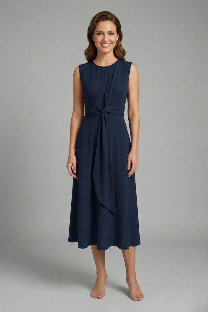 Elegant Sleeveless Midi Dress with Round Neckline | Sophia