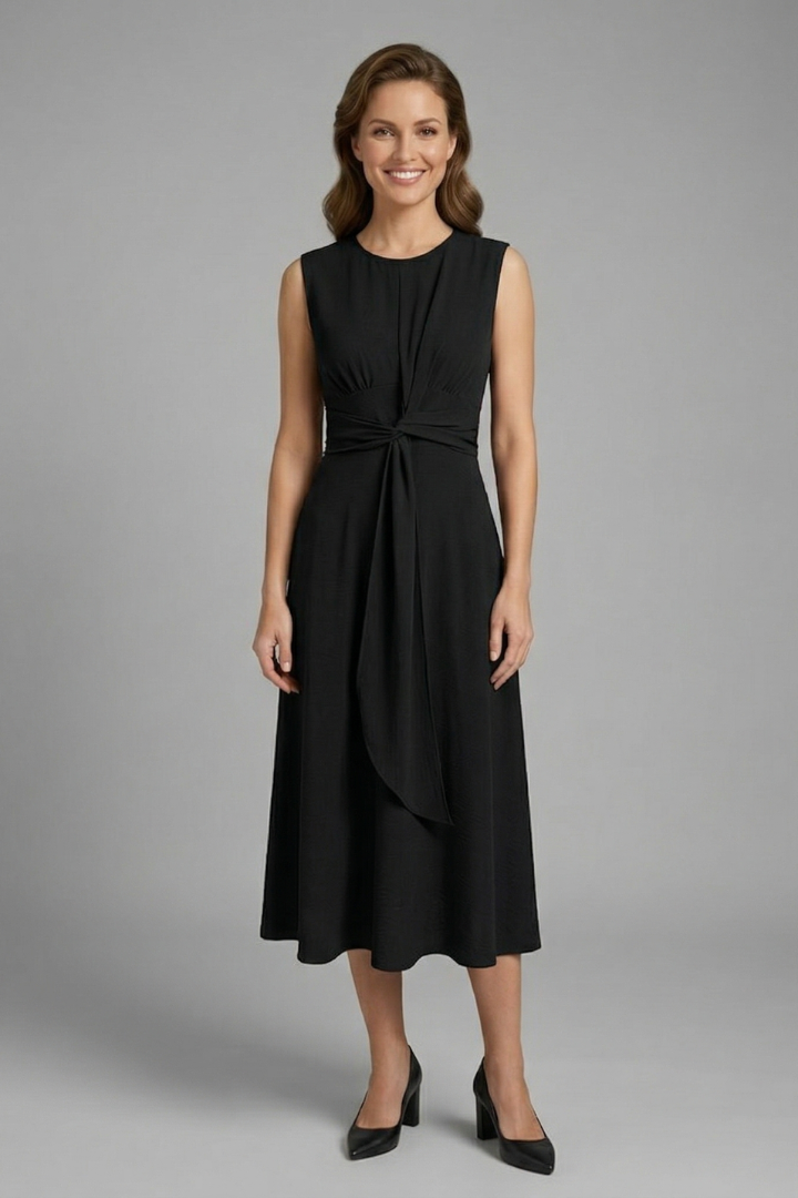 Elegant Sleeveless Midi Dress with Round Neckline | Sophia